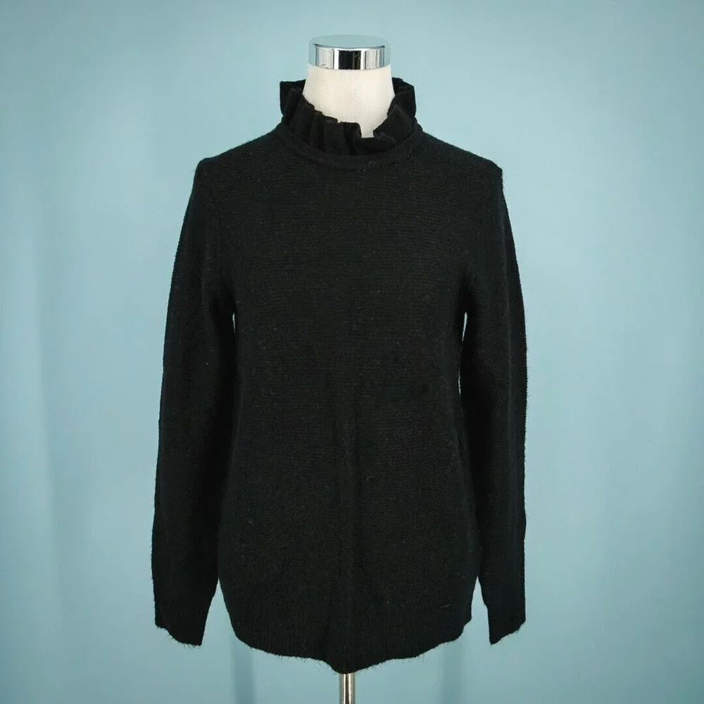 J. Crew Size Medium M Black Mock Ruffle Neck Long Sleeve Knit Pullover Sweater